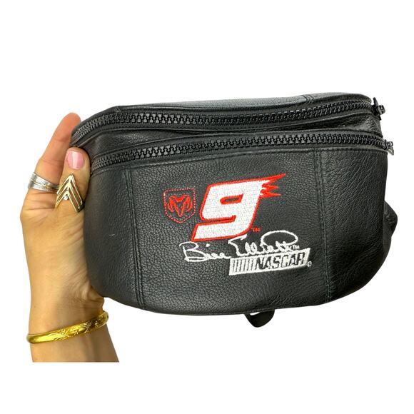 80's NASCAR BILL ELLIOTT black leather fanny pack - Picture 1 of 4